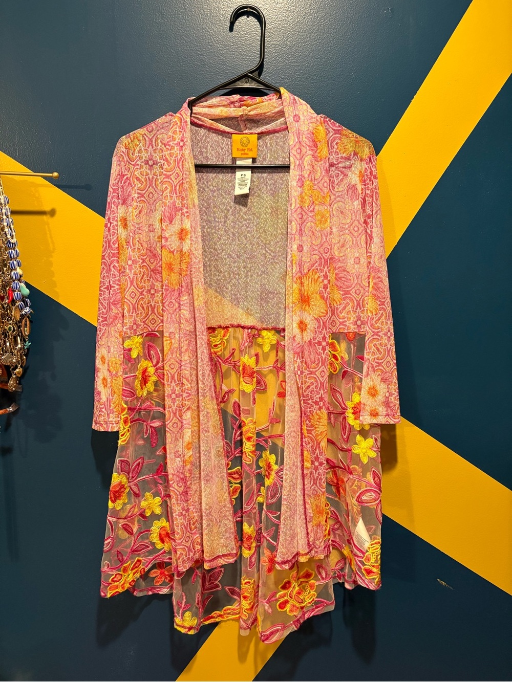 Ruby Rd. Pink & Yellow Floral Embroidered Long Sleeve Kimono EUC